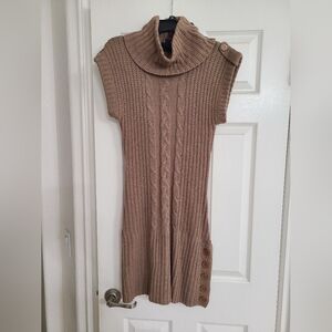 Sleeveless Taupe Knit Mini Dress with Cowl Neck and Button Detail